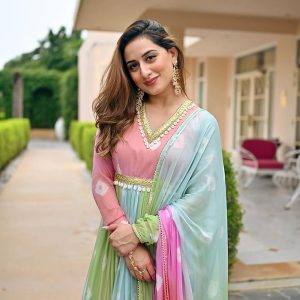 Women's Georgette Anarkali Kurta and Dupatta Set | V Neck 3/4 Sleeves Regular Fit Flared Anarkali Kurta and Prined Dupatta | Kurta and Dupatta Set for Women