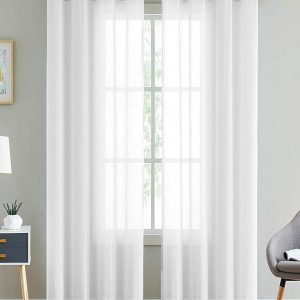 LINENWALAS Cotton Linen Solid Sheer Curtain Set With Grommet Curtains Rings Non Blackout Door Curtain - Set Of 2 -White- 4.5Ft X7Ft