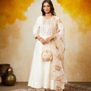 Myx Women's Embroidered Anarkali Kurta Pant Set with Organza Dupatta | Viscose,Rayon | A-line fit