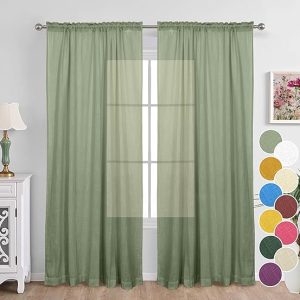 THE LINEN COMPANY Cotton Linen Sheer Rod Pocket Window Curtains, 5 Feet, (Avocado Green, Pack of 2 Pcs)