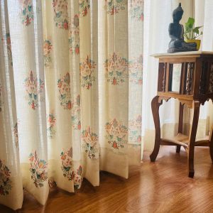 RANGBHAR Linen Textured Sheer Curtains with Eyelets, Light Filtering Curtains 7 Feet, Green Sparrows, Door-7 Feet X 4 Feet