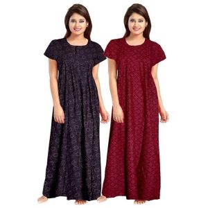 YOZLY Women's Cotton Printed Gown Ankle Length Nighty Free Size (Pack of 2)
