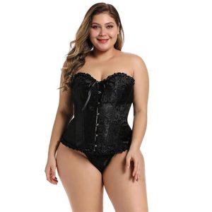 GirlFriend Lace Up Floral Jacquard Solid Fish Boned satin overbust Corsets Boned Overbust Corset Bustier Lingerie Bodyshaper Top Pleated Corselet Waist Bustier Top with Panty